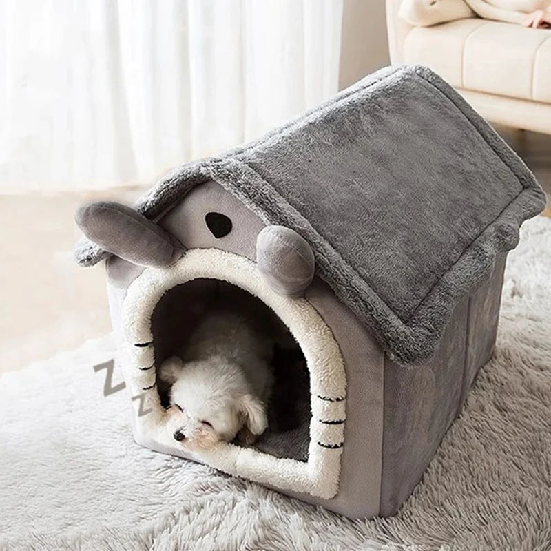 Cozy indoor dog house featuring a soft flannelette exterior in a soothing gray color. Includes a removable cushion for easy cleaning and comfort, perfect for 6