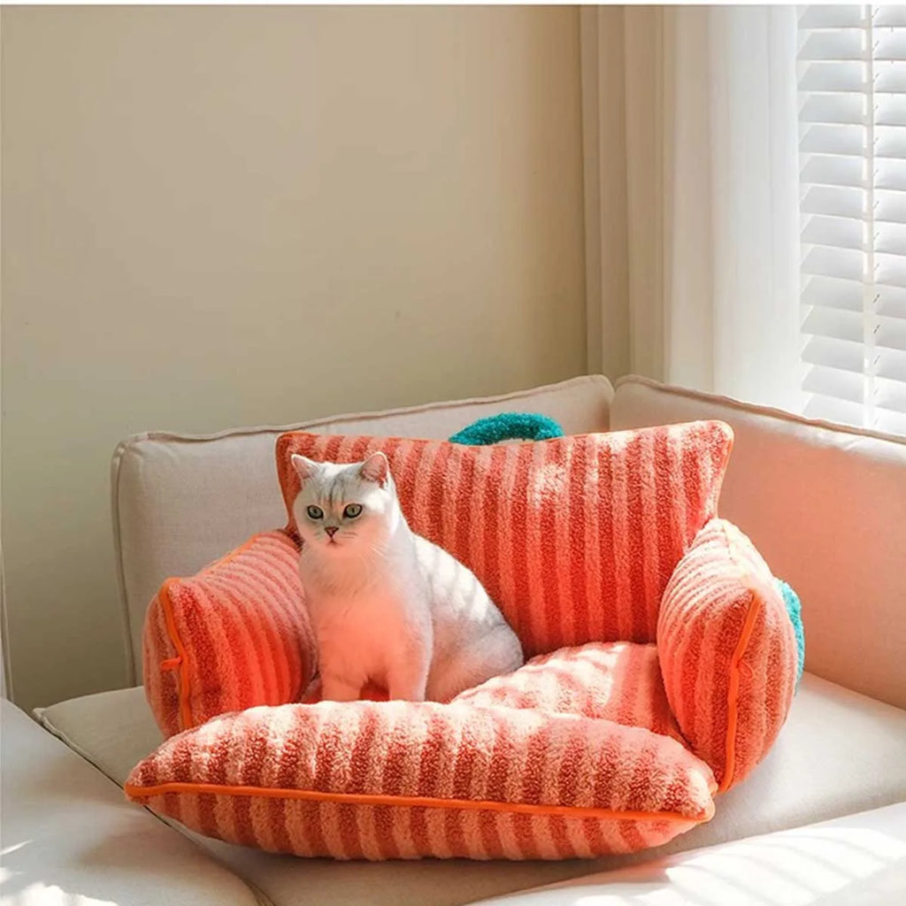 Cozy plush cat bed featuring stylish striped design, perfect for small dogs and cats. Made from soft, durable fabric for comfort and warmth, in a 0