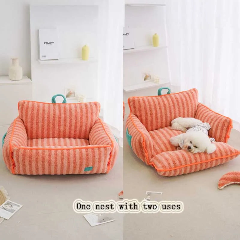Cozy plush cat bed featuring stylish striped pattern, designed for small dogs and cats. Made from soft, durable fabric in soothing colors, providing comfort and 1