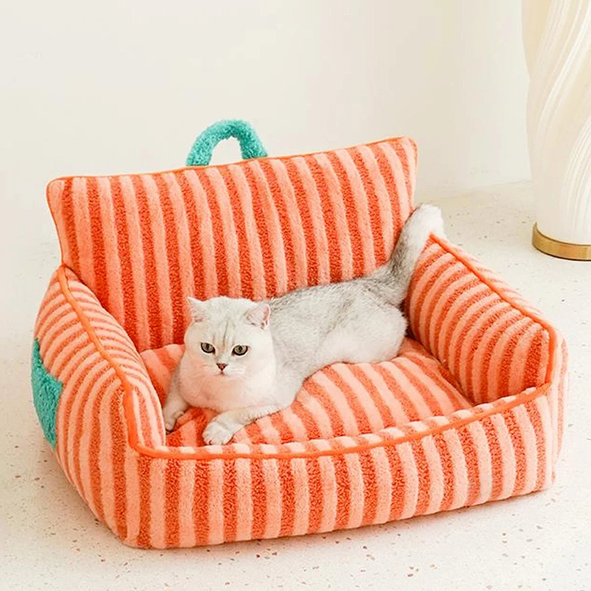 Cozy plush cat bed featuring stylish striped pattern, perfect for small dogs and cats. Made from soft, durable fabric in a warm color palette, designed 3