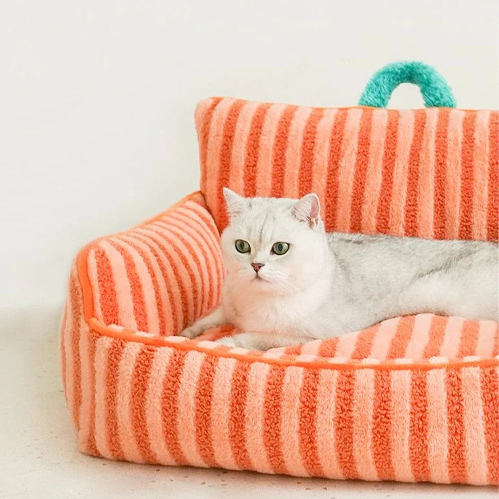 Cozy plush cat bed featuring stylish striped pattern, perfect for small dogs and cats. Made from soft, durable fabric in a mix of pastel colors, 4