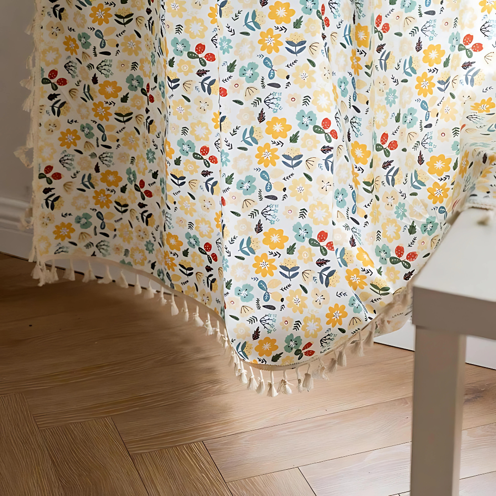 Curtain – Cotton-linen blend – Yellow flower design – Light filtering semi-blackout – Rustic farmhouse elegance 3