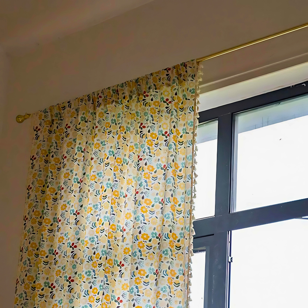 Curtain – Cotton-linen blend – Yellow flower design – Light filtering semi-blackout – Rustic farmhouse elegance 4