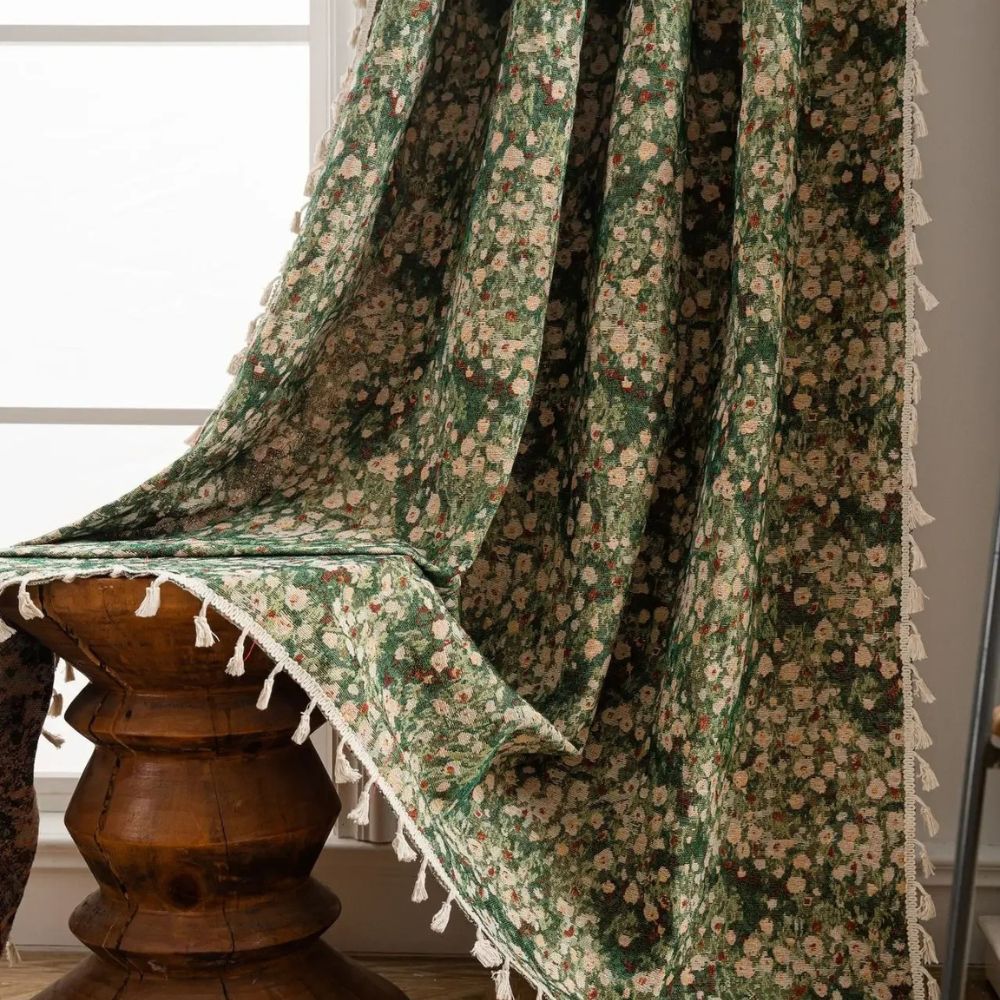 Curtain – Floral microfiber blend – Vintage-inspired design – Boho tassel trim – 52 x 84 in 0