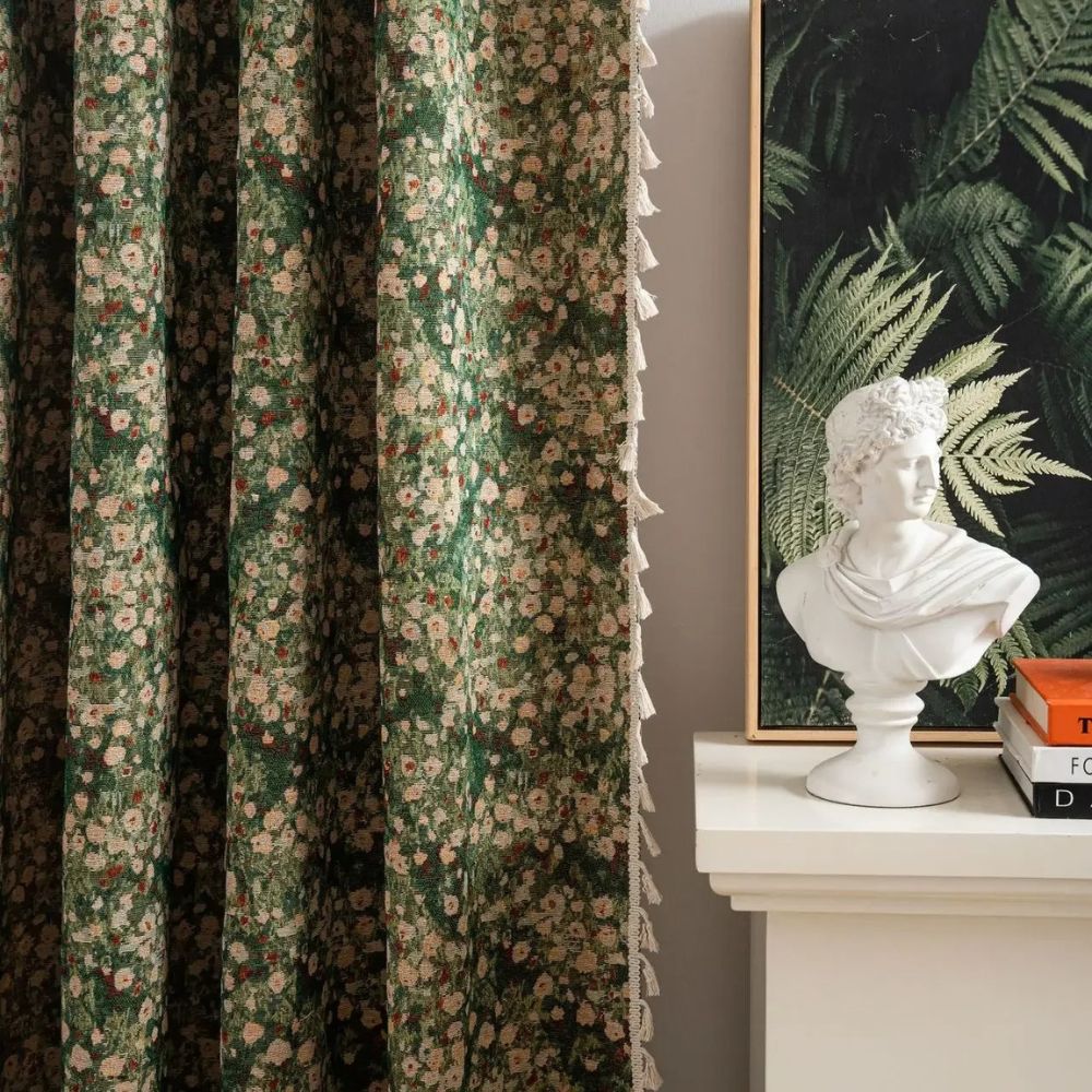 Curtain – Floral microfiber blend – Vintage-inspired design – Boho tassel trim – 52 x 84 in 1