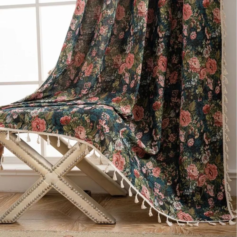 Curtain – Floral microfiber blend – Vintage-inspired design – Boho tassel trim – 52 x 84 in 2