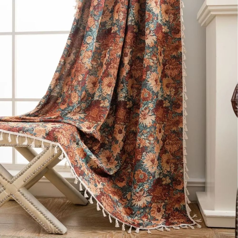 Curtain – Floral microfiber blend – Vintage-inspired design – Boho tassel trim – 52 x 84 in 4