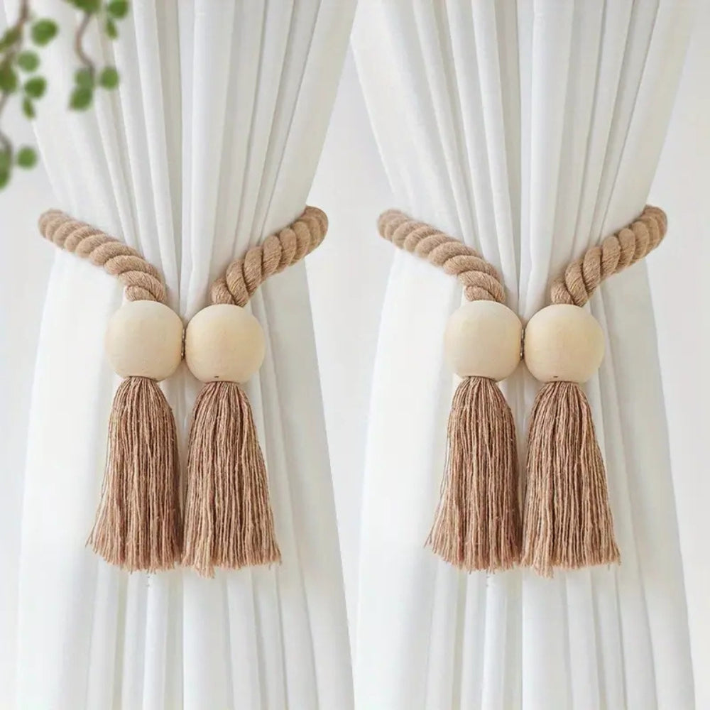 Curtain tiebacks – Cotton and wooden beads – Rustic tassel design – Home décor accessory for living rooms and bedrooms 0