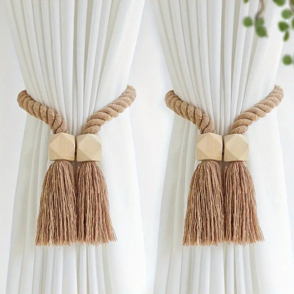 Curtain tiebacks – Cotton and wooden beads – Rustic tassel design – Home décor accessory for living rooms and bedrooms 1