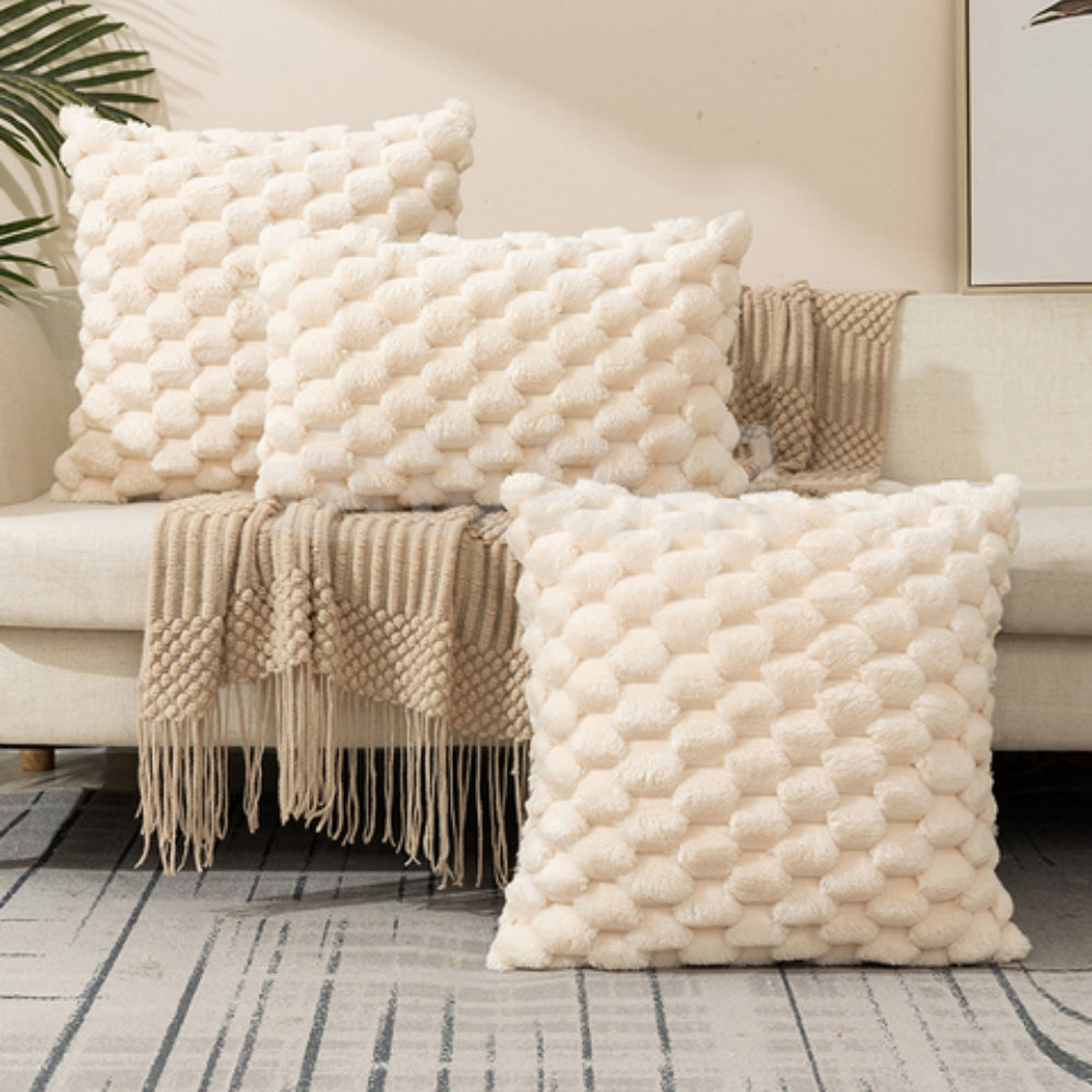 Cream white cushion cover made from a soft cotton-polyester blend, perfect for cozy home decor. Measures 18 × 18 inches, featuring a simple 1