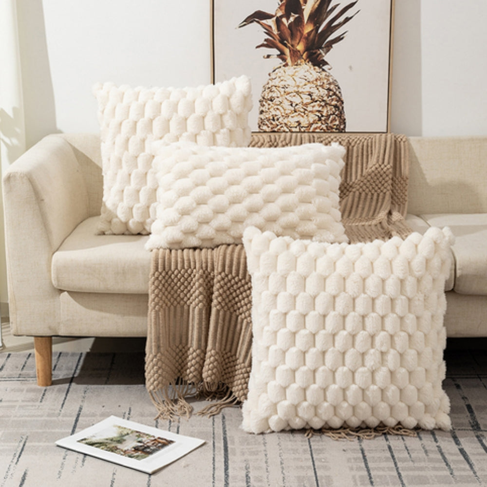 Cream white cushion cover made from a soft cotton-polyester blend, measuring 18 × 18 inches. This cozy home decor accent features a simple, 3