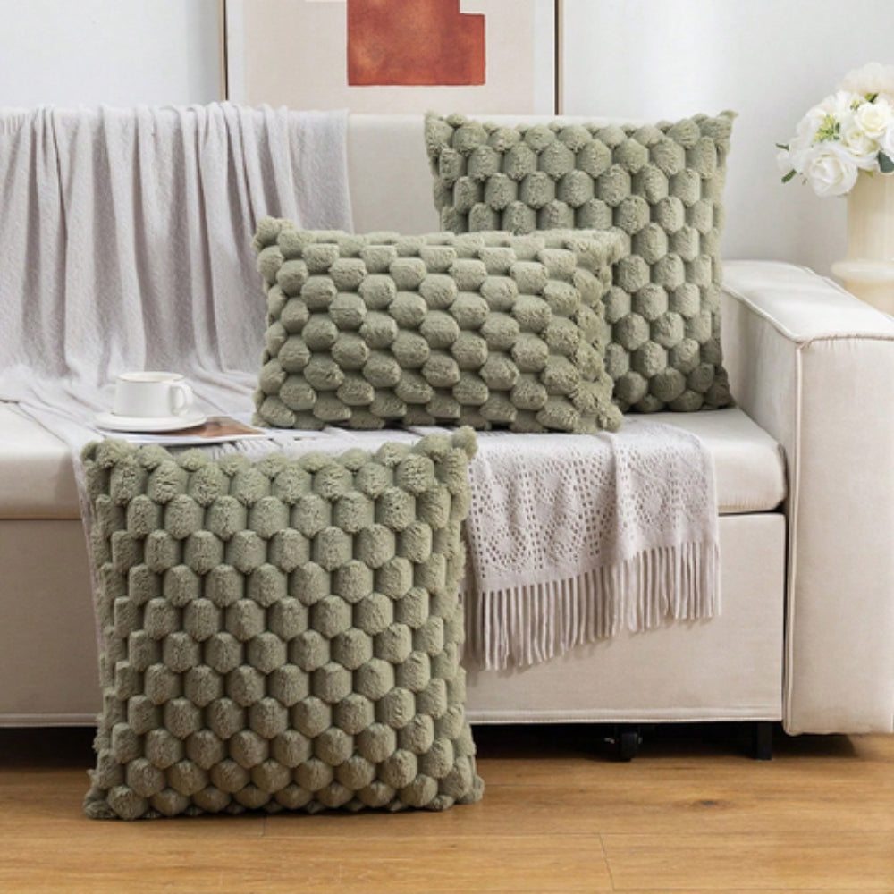 Cream white cushion cover made from a soft cotton-polyester blend, measuring 18 × 18 inches. This cozy home decor accent features a simple yet 8