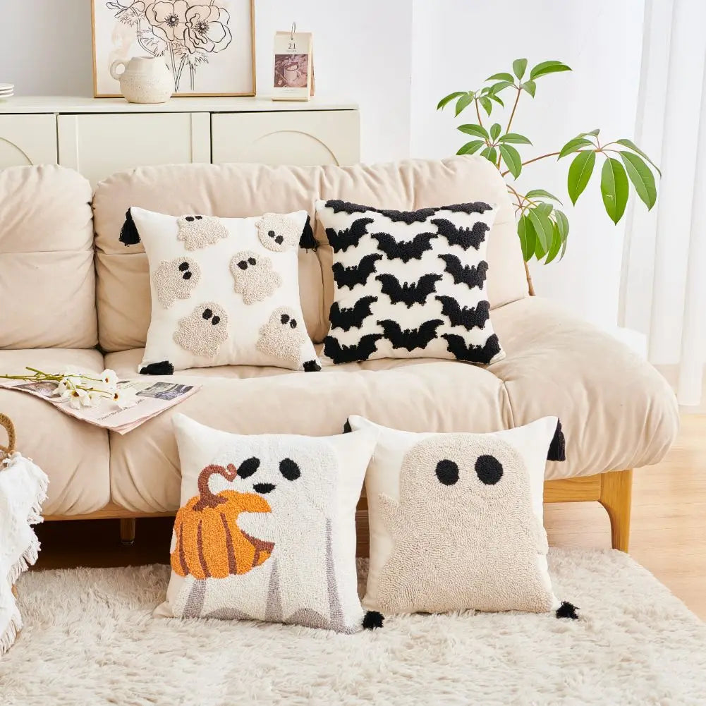 Cushion cover – Polyester – Embroidered ghost and pumpkin – Halloween decor for sofa – 17.7 x 17.7 in 0