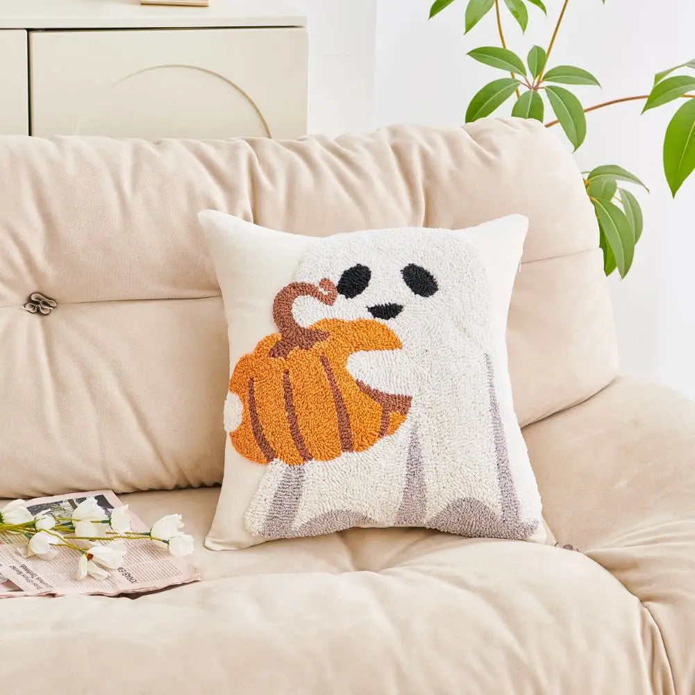 Cushion cover – Polyester – Embroidered ghost and pumpkin – Halloween decor for sofa – 17.7 x 17.7 in 1