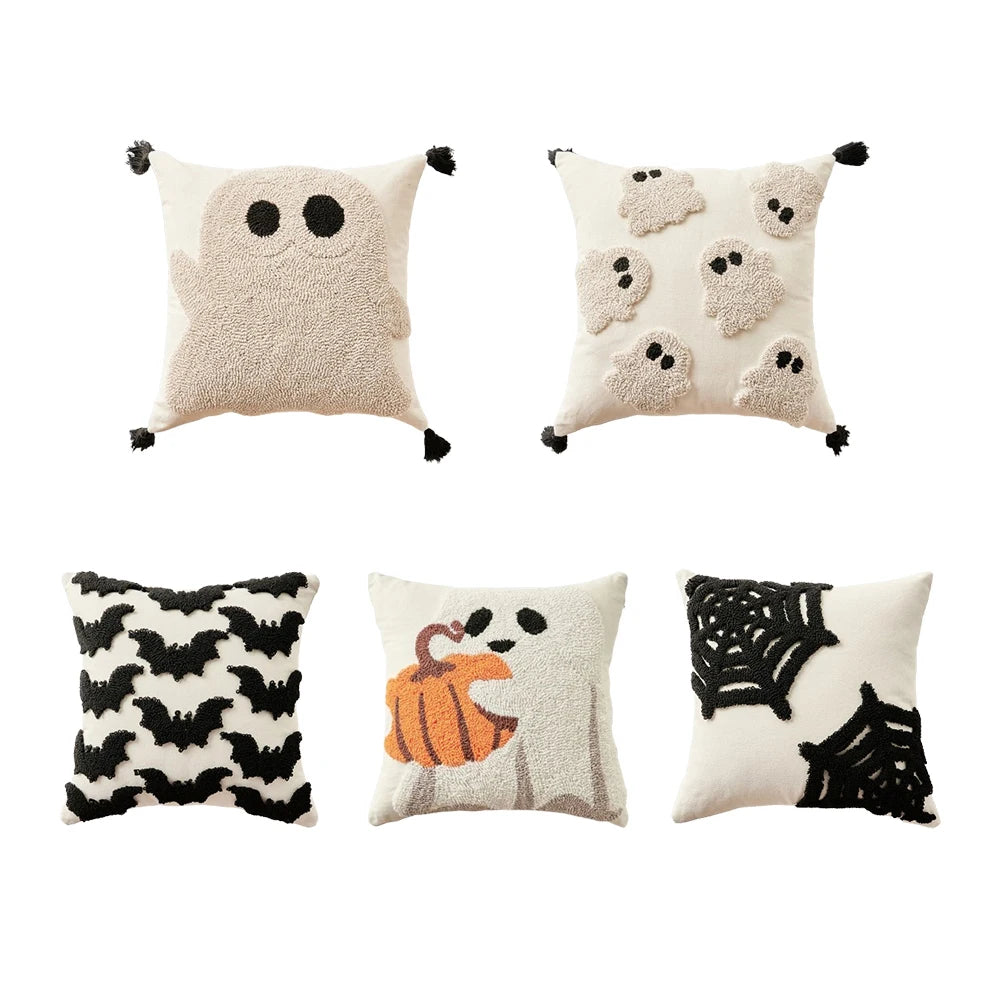 Cushion cover – Polyester – Embroidered ghost and pumpkin – Halloween decor for sofa – 17.7 x 17.7 in 3