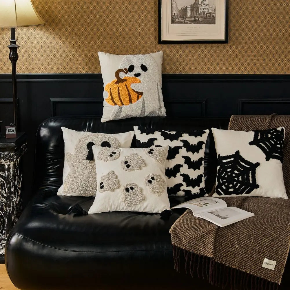 Cushion cover – Polyester – Embroidered ghost and pumpkin – Halloween decor for sofa – 17.7 x 17.7 in 4