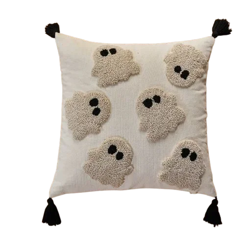 Cushion cover – Polyester – Embroidered ghost and pumpkin – Halloween decor for sofa – 17.7 x 17.7 in 9