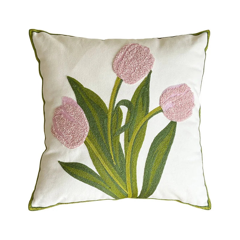 Cushion cover – Soft plush – Embroidered tulip design – Cozy home decor – 17.7 x 17.7 in 1