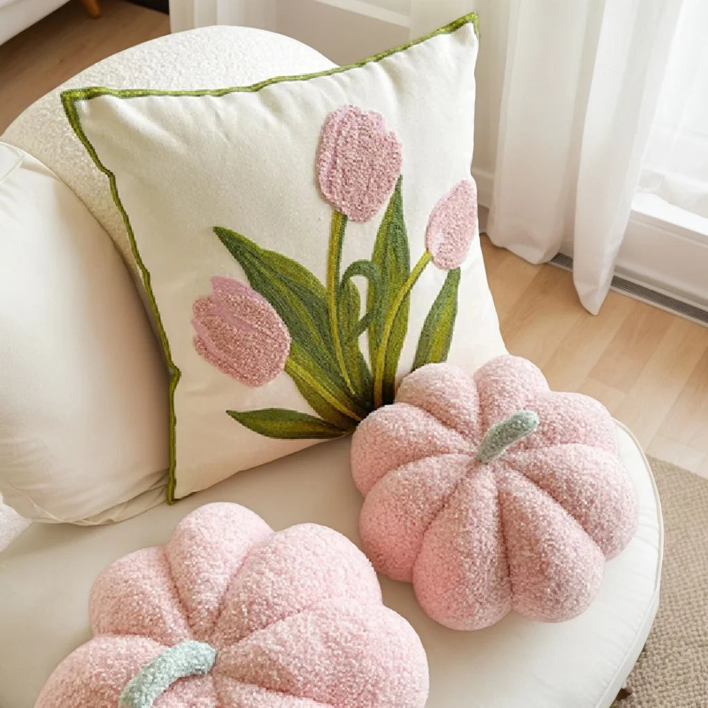 Cushion cover – Soft plush – Embroidered tulip design – Cozy home decor – 17.7 x 17.7 in 5