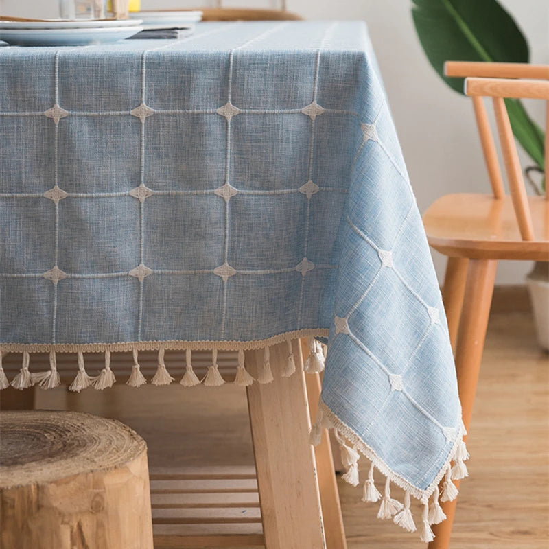 Custom Linen Tablecloth with Blue Stripes - Elegant Christmas Table Cover, Customizable Size for Banquet Dining 0