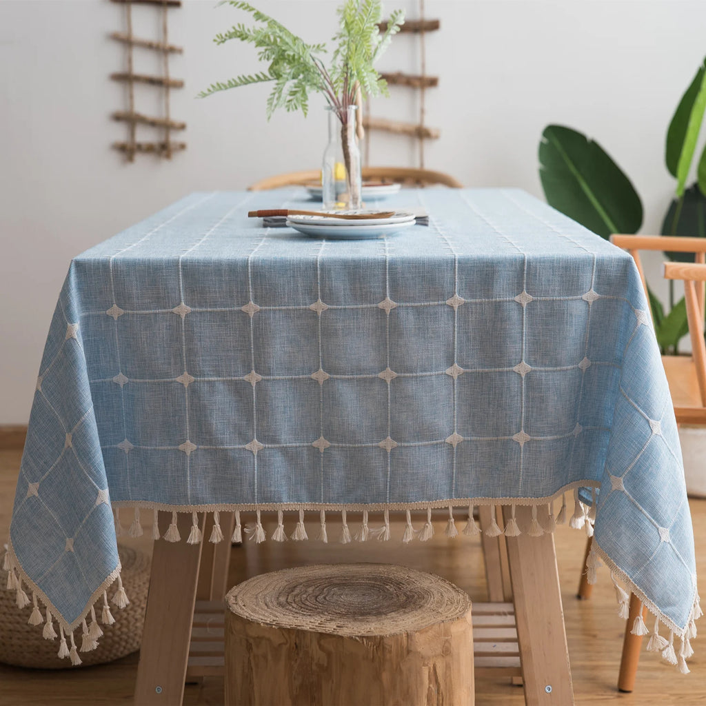 Custom Linen Tablecloth with Blue Stripes - Elegant Christmas Table Cover, Customizable Size for Banquet Dining 1