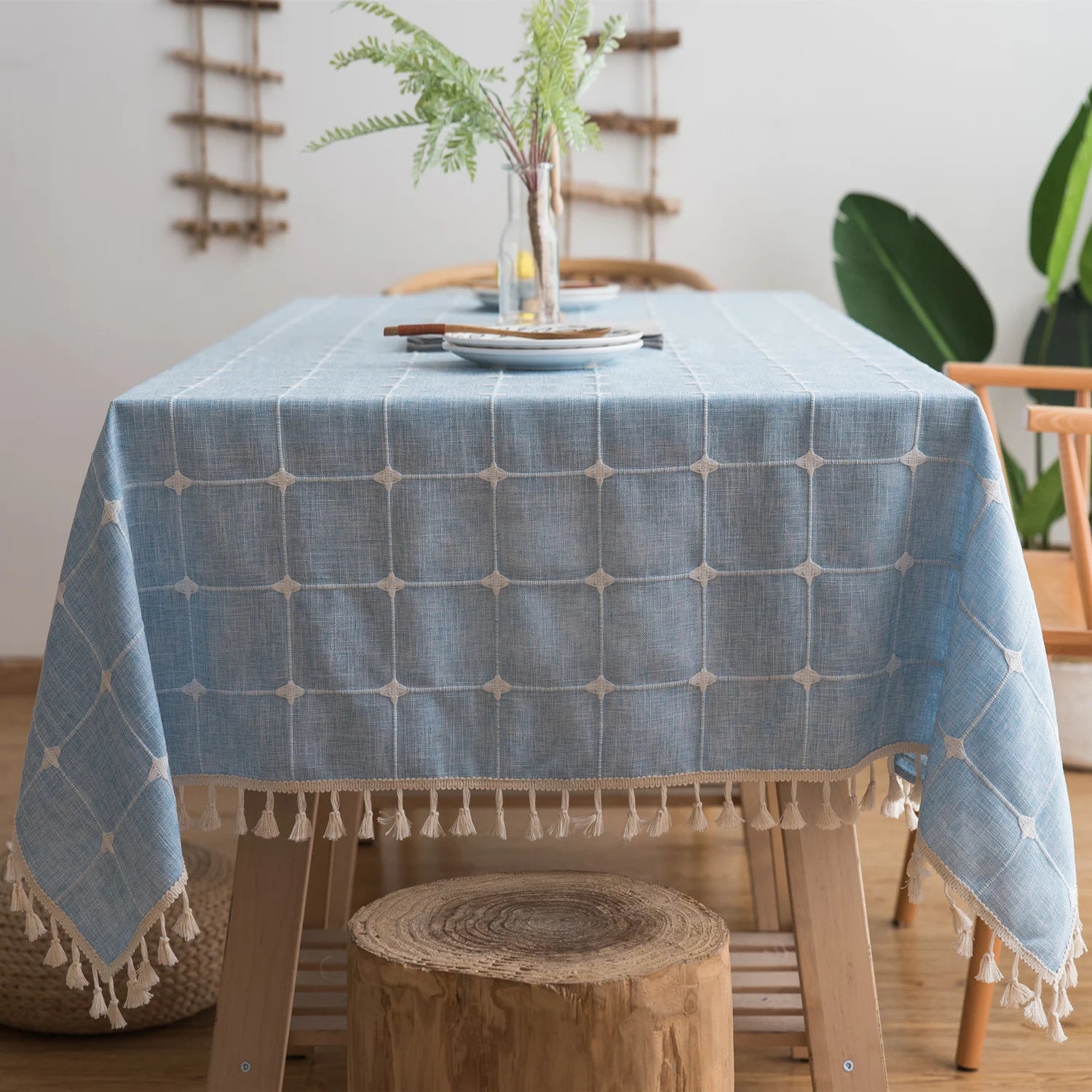 Custom Linen Tablecloth with Blue Stripes - Elegant Christmas Table Cover, Customizable Size for Banquet Dining 1