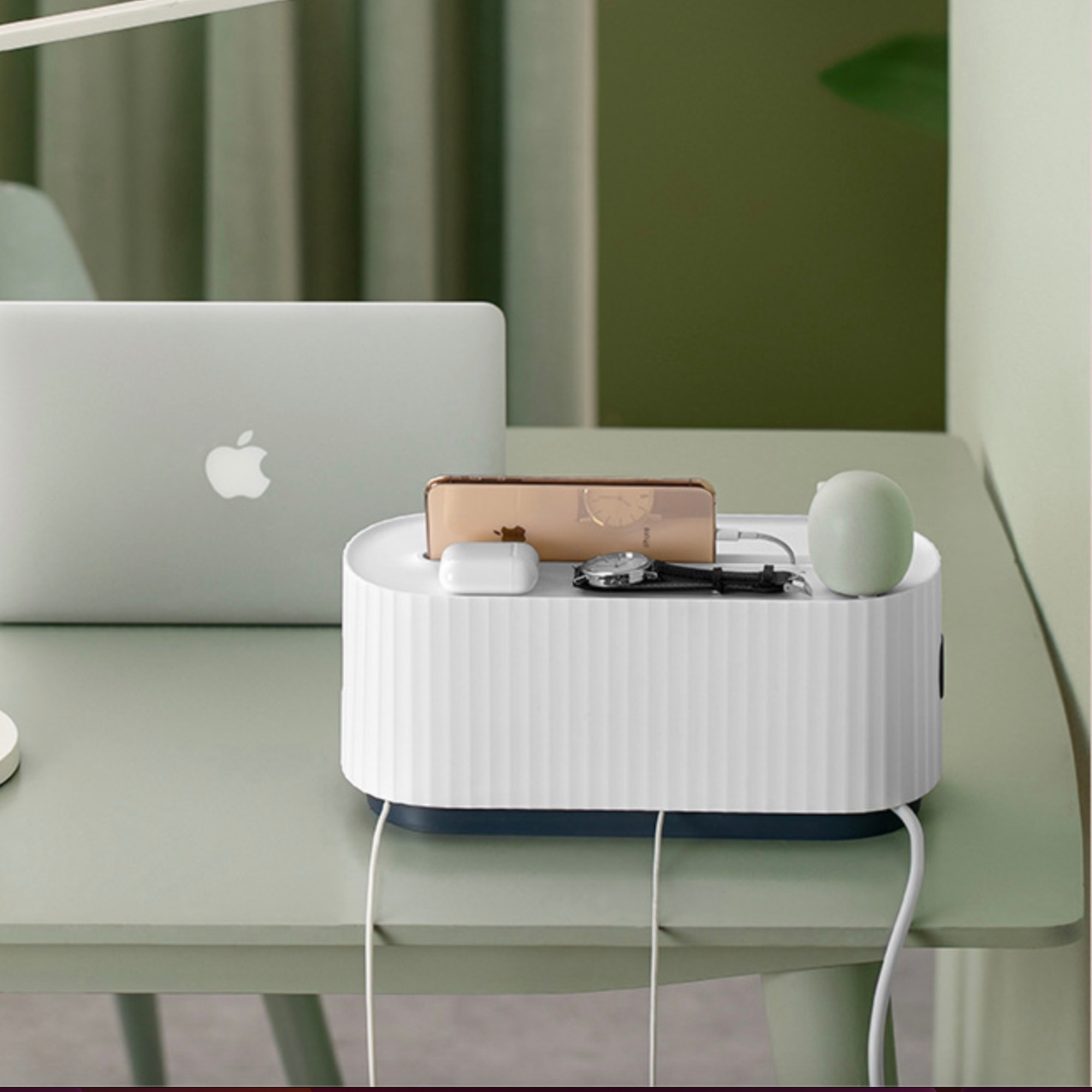 Elegant decorative cable storage box in a sleek, modern design. Made from durable wood with a smooth finish, featuring a minimalist white color. Perfect for organizing 2