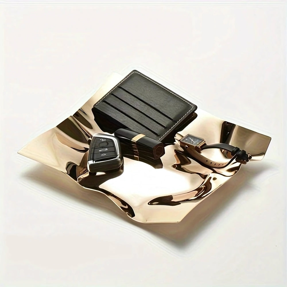 Decorative tray – Hand-polished stainless steel – Artistic wrinkled design – Modern home accent 0