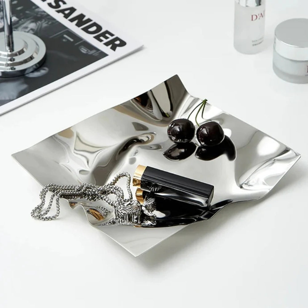 Decorative tray – Hand-polished stainless steel – Artistic wrinkled design – Modern home accent 1