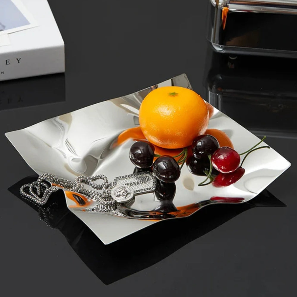 Decorative tray – Hand-polished stainless steel – Artistic wrinkled design – Modern home accent 4