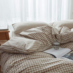 Duvet cover set – Soft cotton blend – Brown gingham design – Cozy minimalist style – Available in Twin, Queen, King 1