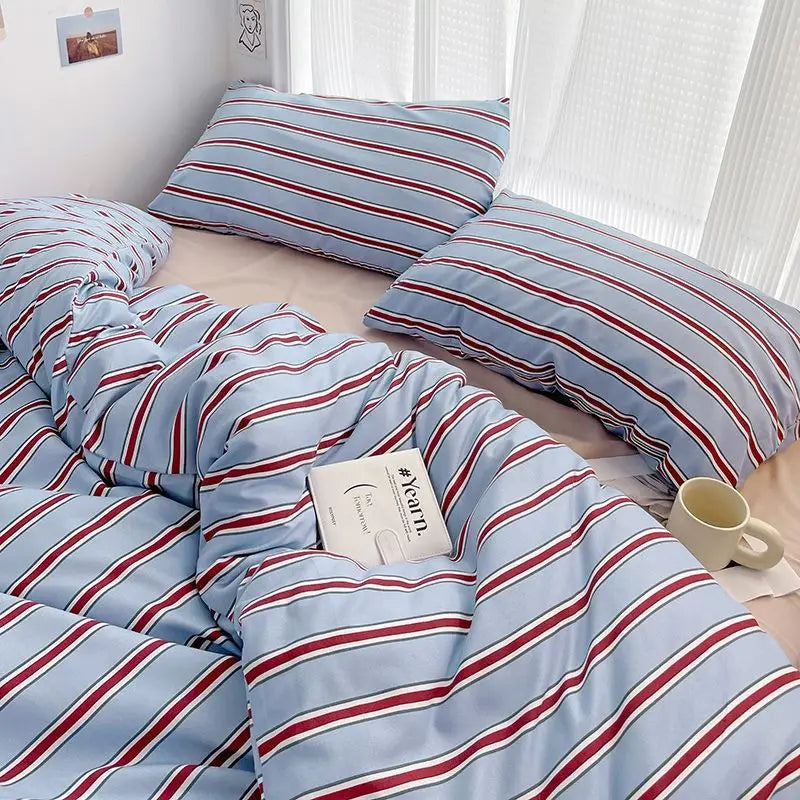 Duvet cover set – Washed cotton – Red and blue stripe design – Kids and adults bedding 0