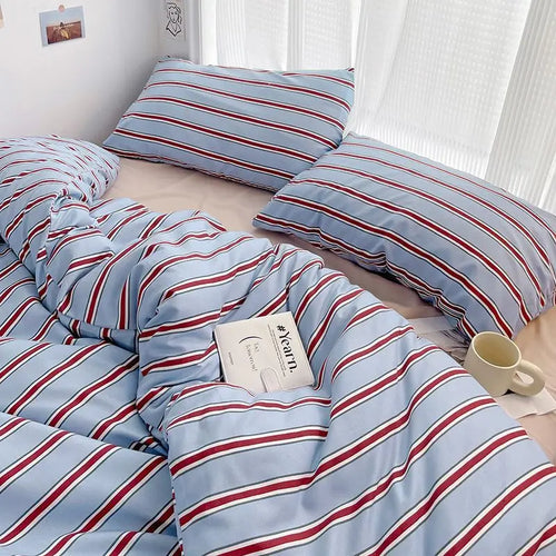Duvet cover set – Washed cotton – Red and blue stripe design – Kids and adults bedding 0