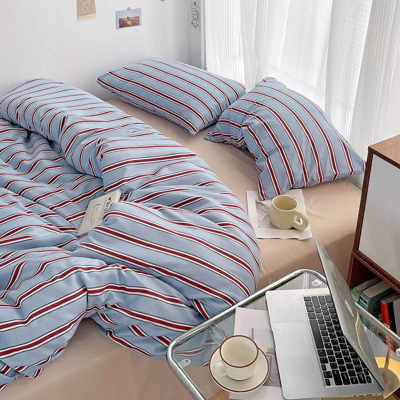 Duvet cover set – Washed cotton – Red and blue stripe design – Kids and adults bedding 2