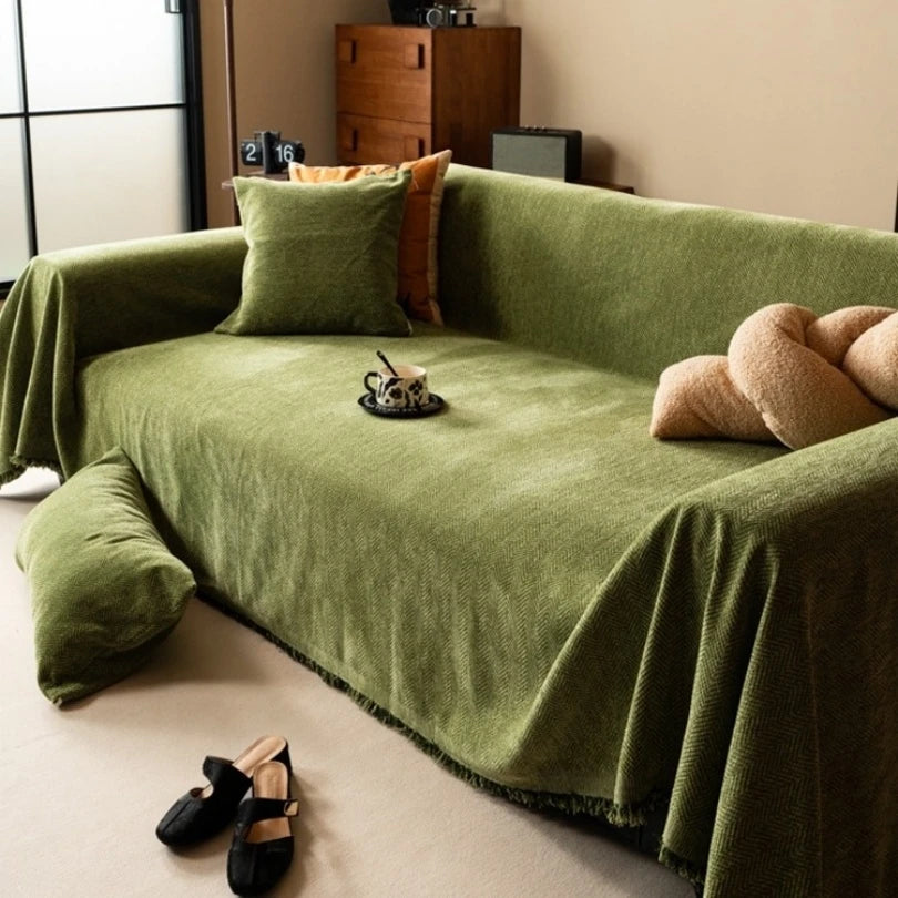 Elegant Chenille Sofa Cover | Minimalist Herringbone Design with Tassel Edges Ð Versatile Blanket for Home Decor 0