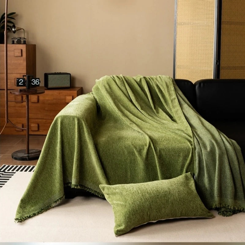 Elegant Chenille Sofa Cover | Minimalist Herringbone Design with Tassel Edges Ð Versatile Blanket for Home Decor 3