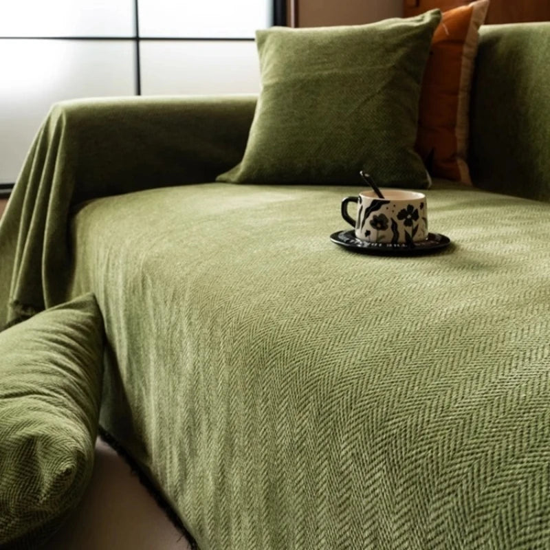 Elegant Chenille Sofa Cover | Minimalist Herringbone Design with Tassel Edges Ð Versatile Blanket for Home Decor 4