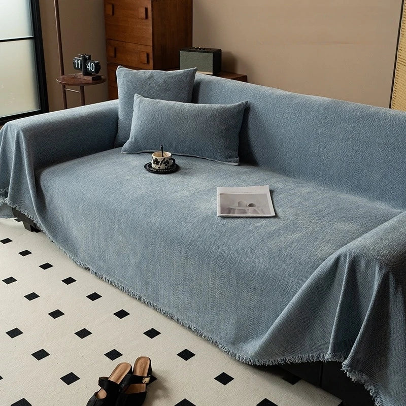 Elegant Chenille Sofa Cover | Minimalist Herringbone Design with Tassel Edges Ð Versatile Blanket for Home Decor 5