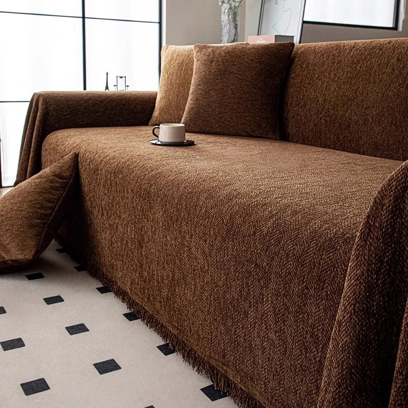 Elegant Chenille Sofa Cover | Minimalist Herringbone Design with Tassel Edges Ð Versatile Blanket for Home Decor 6