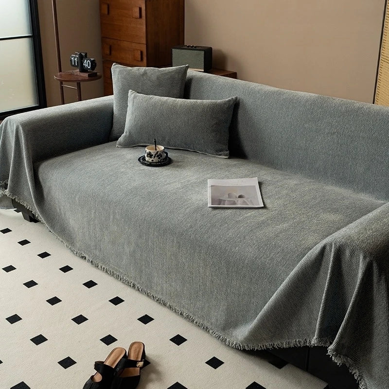 Elegant Chenille Sofa Cover | Minimalist Herringbone Design with Tassel Edges Ð Versatile Blanket for Home Decor 7