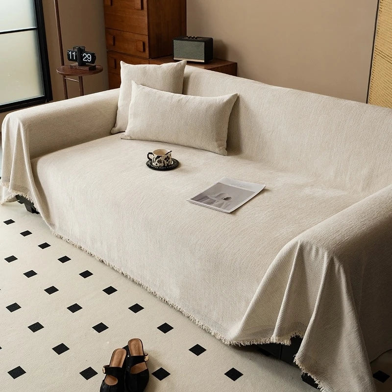 Elegant Chenille Sofa Cover | Minimalist Herringbone Design with Tassel Edges Ð Versatile Blanket for Home Decor 8