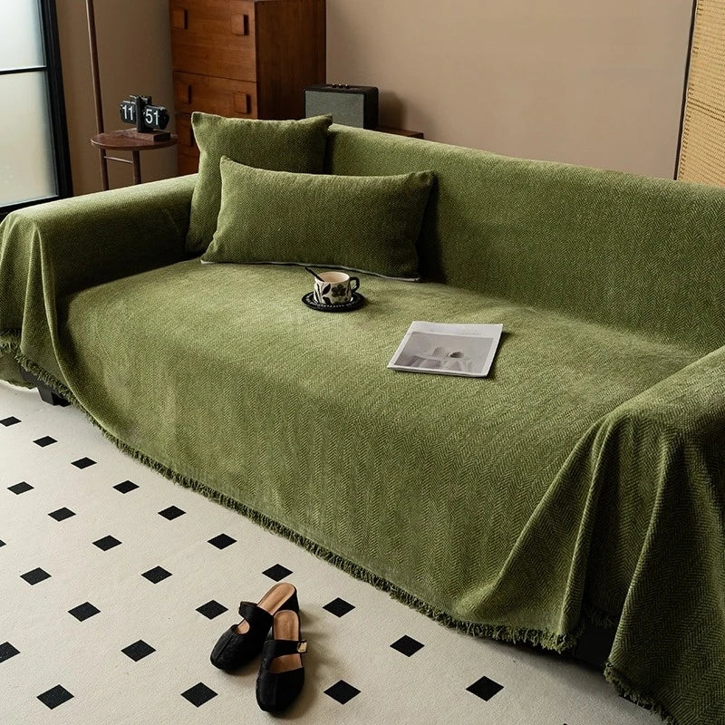 Elegant Chenille Sofa Cover | Minimalist Herringbone Design with Tassel Edges Ð Versatile Blanket for Home Decor 9
