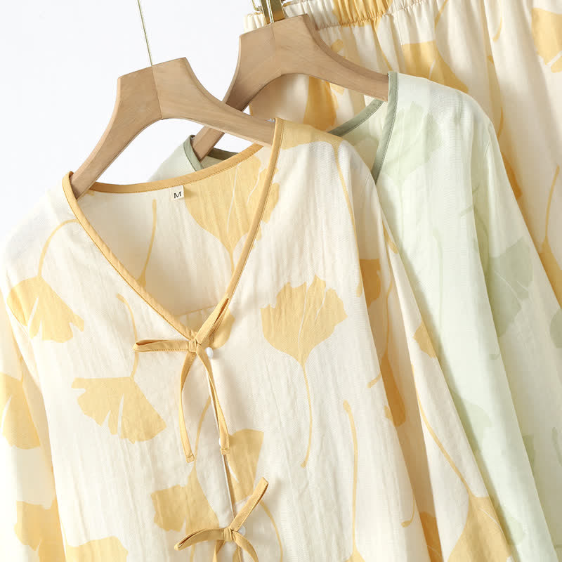 Elegant Cotton Ginkgo Leaf Loungewear Set for Cozy Everyday Comfort 2