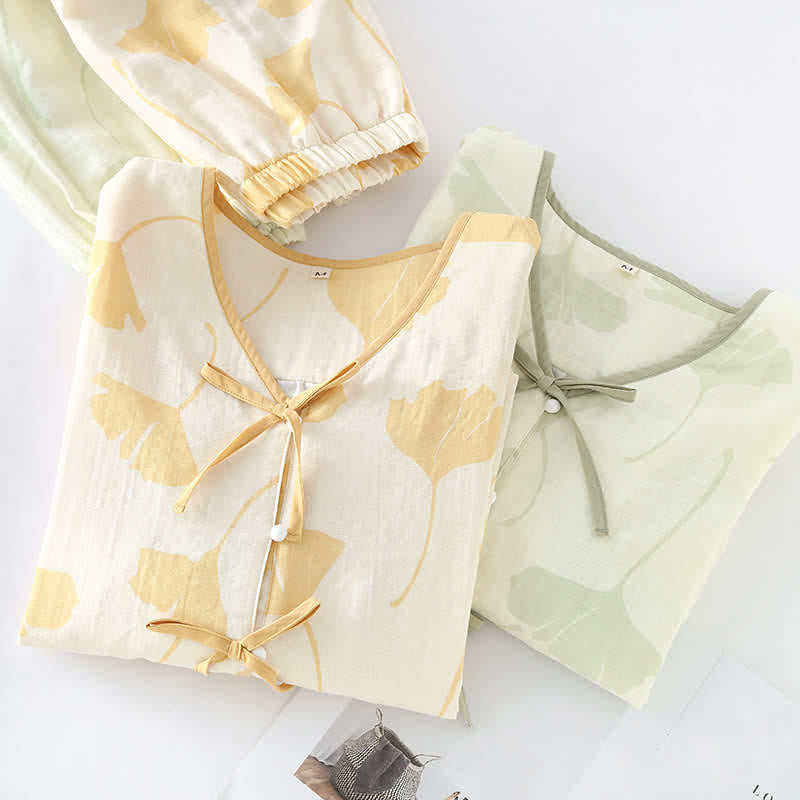 Elegant Cotton Ginkgo Leaf Loungewear Set for Cozy Everyday Comfort 3