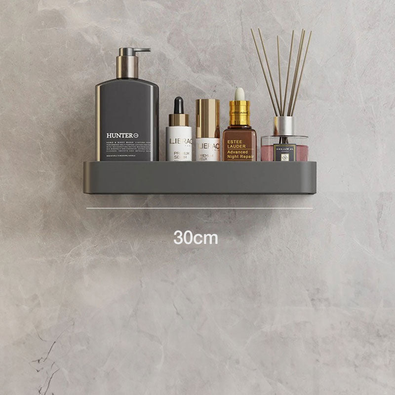 Elegant gray floating shelves designed for bathroom wall-mount storage. Crafted from durable wood, featuring a sleek, minimalist design for easy organization and display of toiletries 0