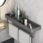 Elegant gray floating shelves designed for bathroom wall-mount storage. Crafted from durable wood, featuring a sleek, minimalist design for easy organization and display of toiletries 1