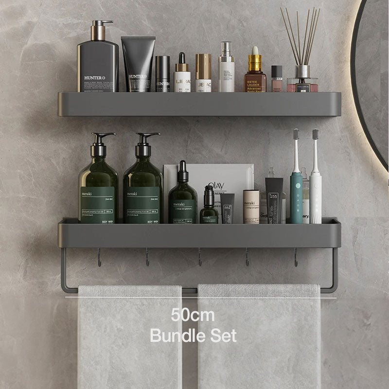 Elegant gray floating shelves designed for bathroom wall-mount storage. Crafted from durable wood, featuring a sleek, minimalist design for easy organization and display of toiletries 10