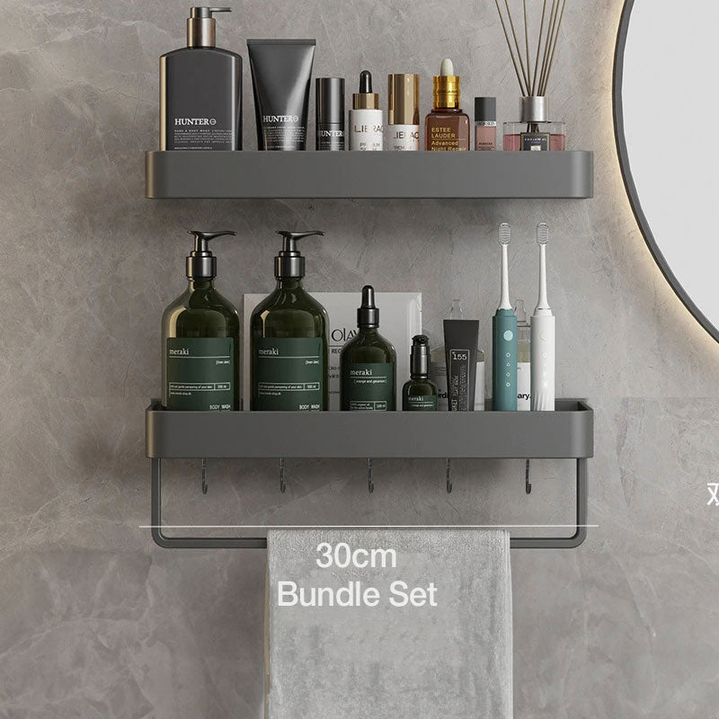 Elegant gray floating shelves designed for bathroom wall-mount storage. Crafted from durable wood, featuring a sleek, minimalist design for easy organization and display of toiletries 11