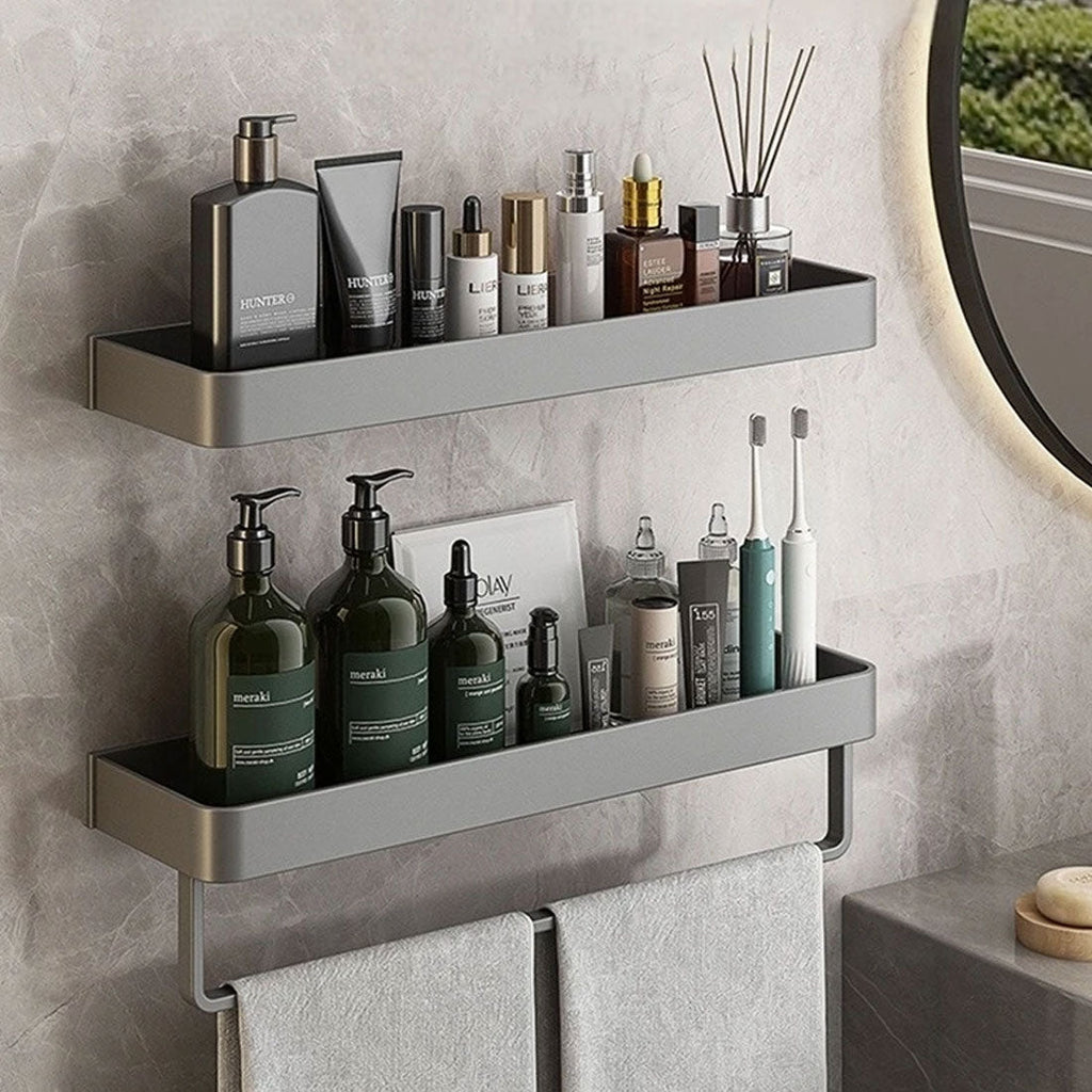 Elegant gray floating shelves designed for bathroom wall-mount storage. Crafted from durable wood, featuring a sleek, minimalist design for easy organization and display of toiletries 2