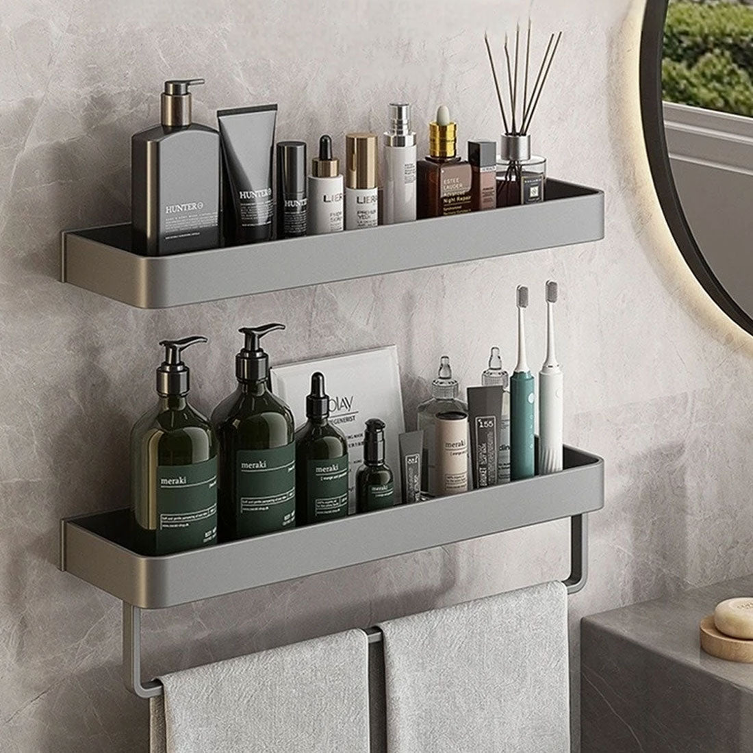 Elegant gray floating shelves designed for bathroom wall-mount storage. Crafted from durable wood, featuring a sleek, minimalist design for easy organization and display of toiletries 2